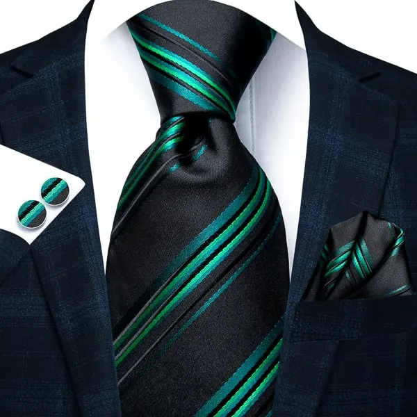 Classy Men Green Black Striped Silk Tie