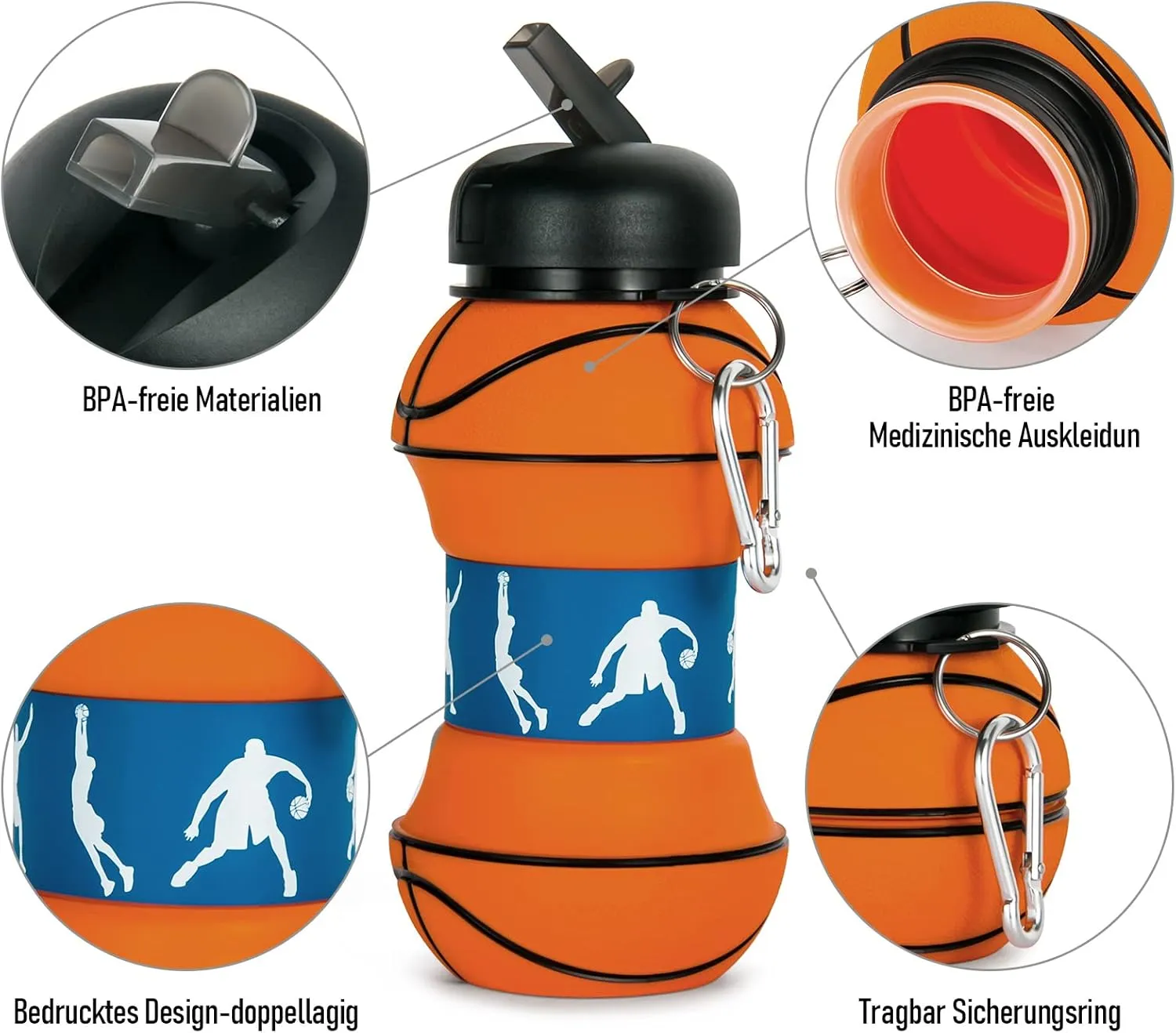 Collapsible Kid's Water Bottle with Basketball Design – Leak-Proof, BPA-Free, Food Grade Silicone