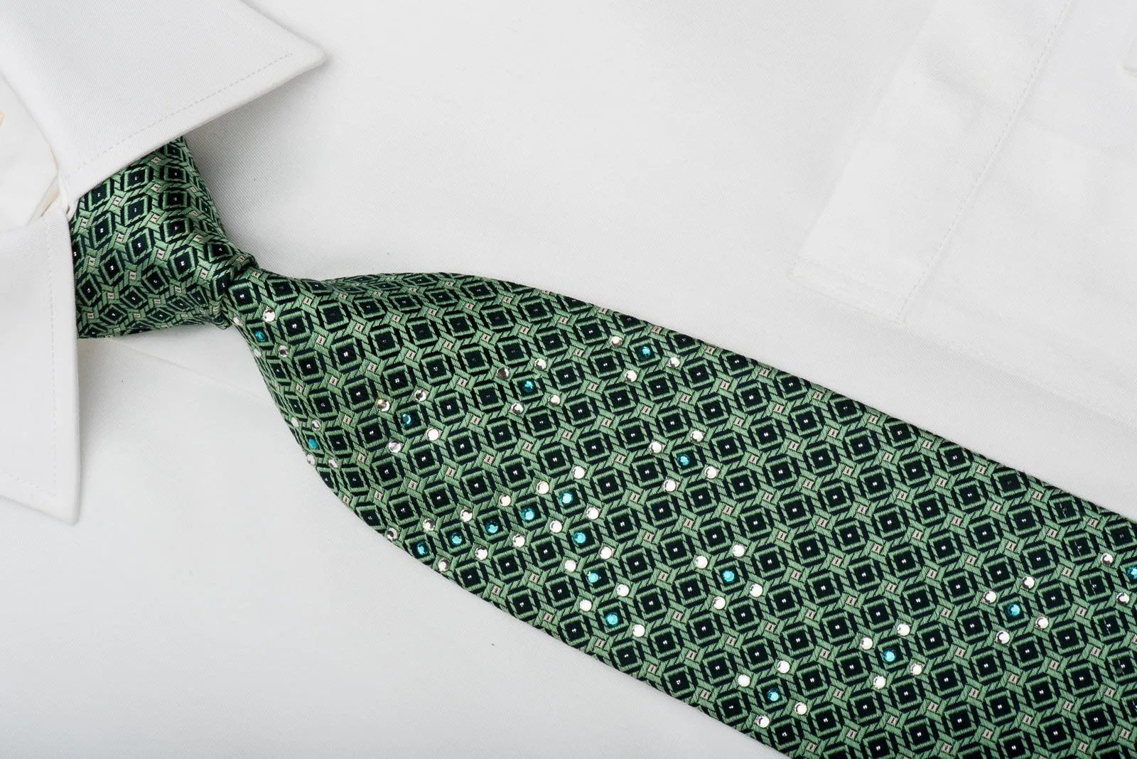 Nina Ricci Rhinestone Silk Necktie Green Trellis On Blue With Silver Sparkles