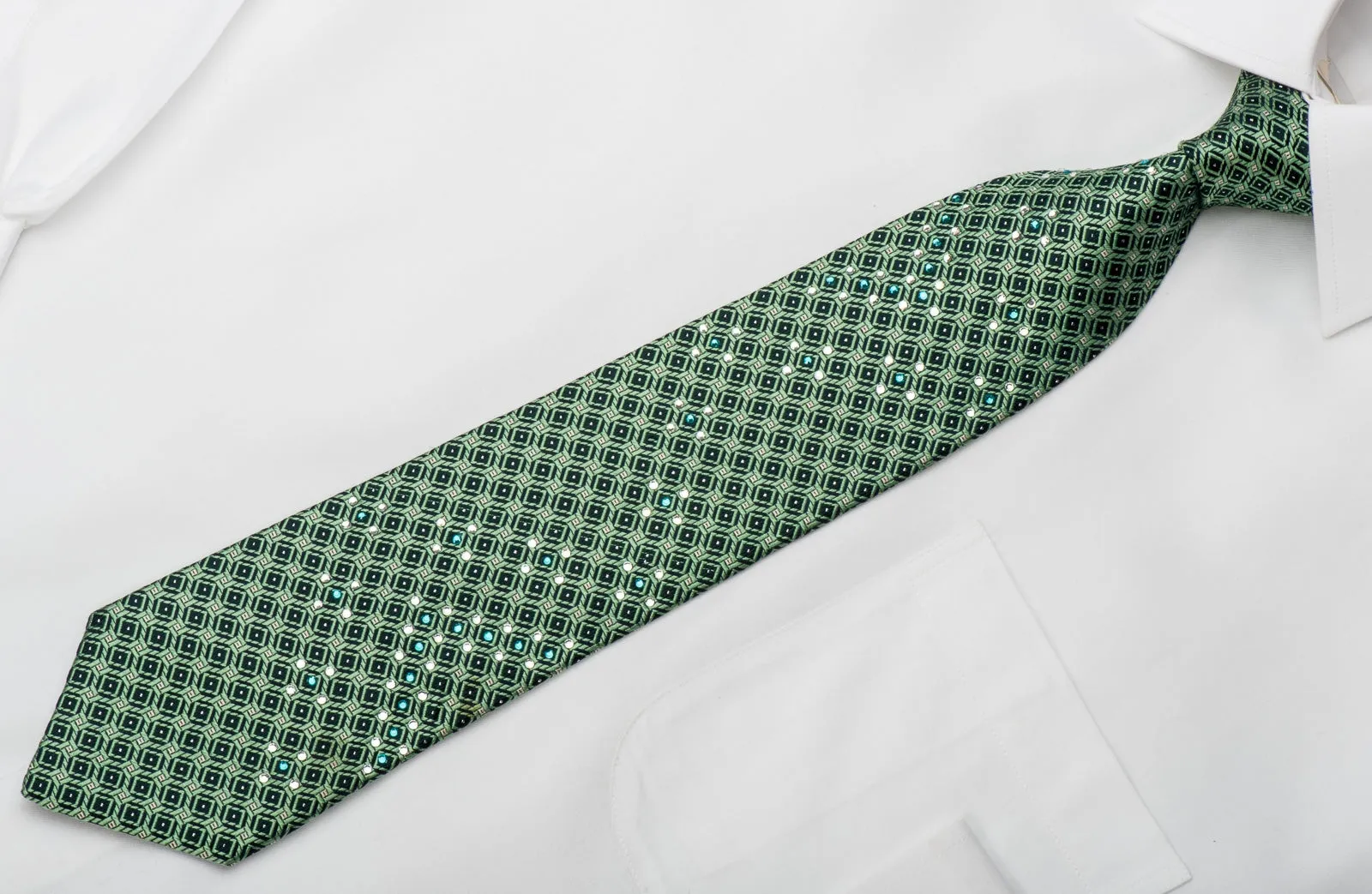 Nina Ricci Rhinestone Silk Necktie Green Trellis On Blue With Silver Sparkles