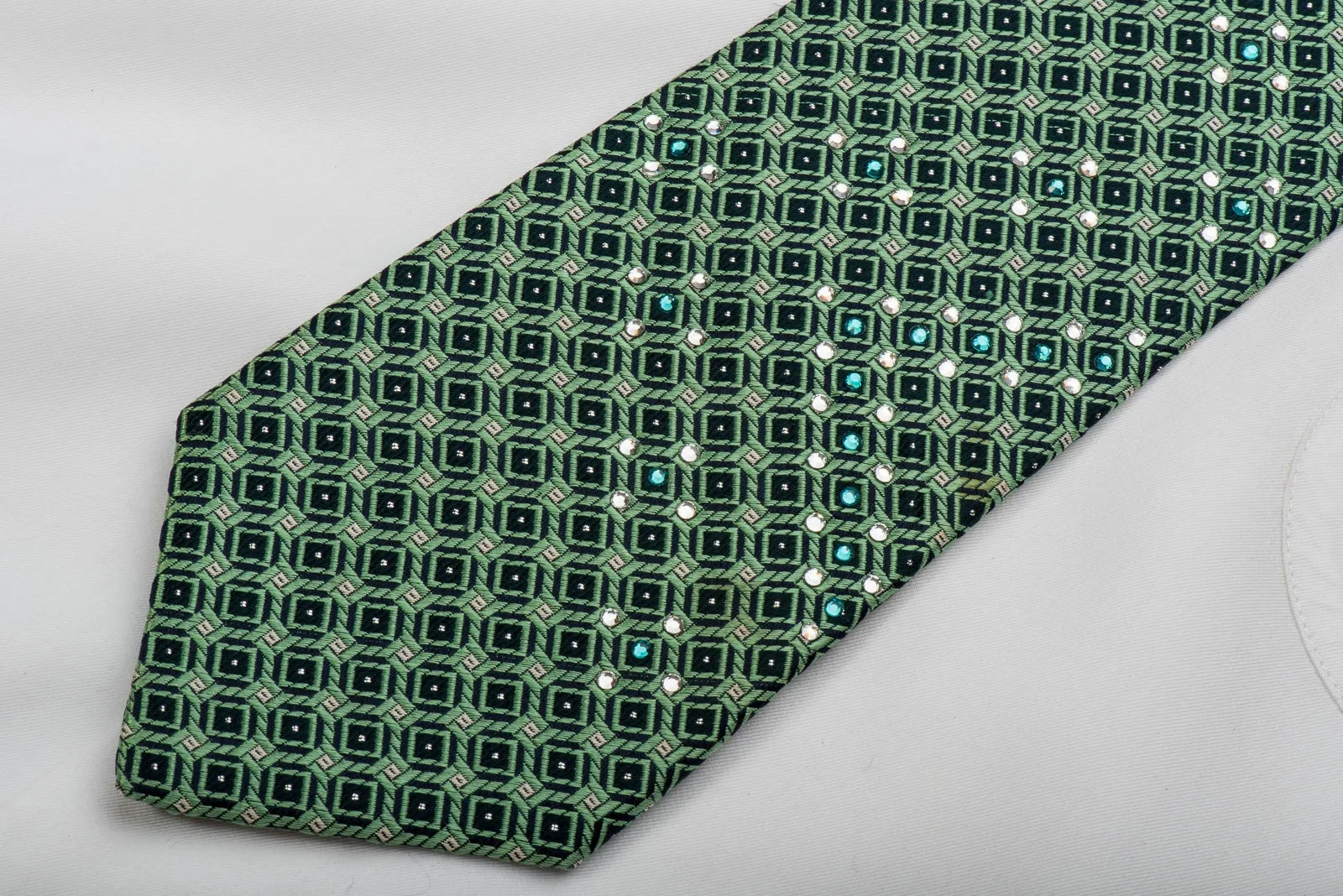 Nina Ricci Rhinestone Silk Necktie Green Trellis On Blue With Silver Sparkles