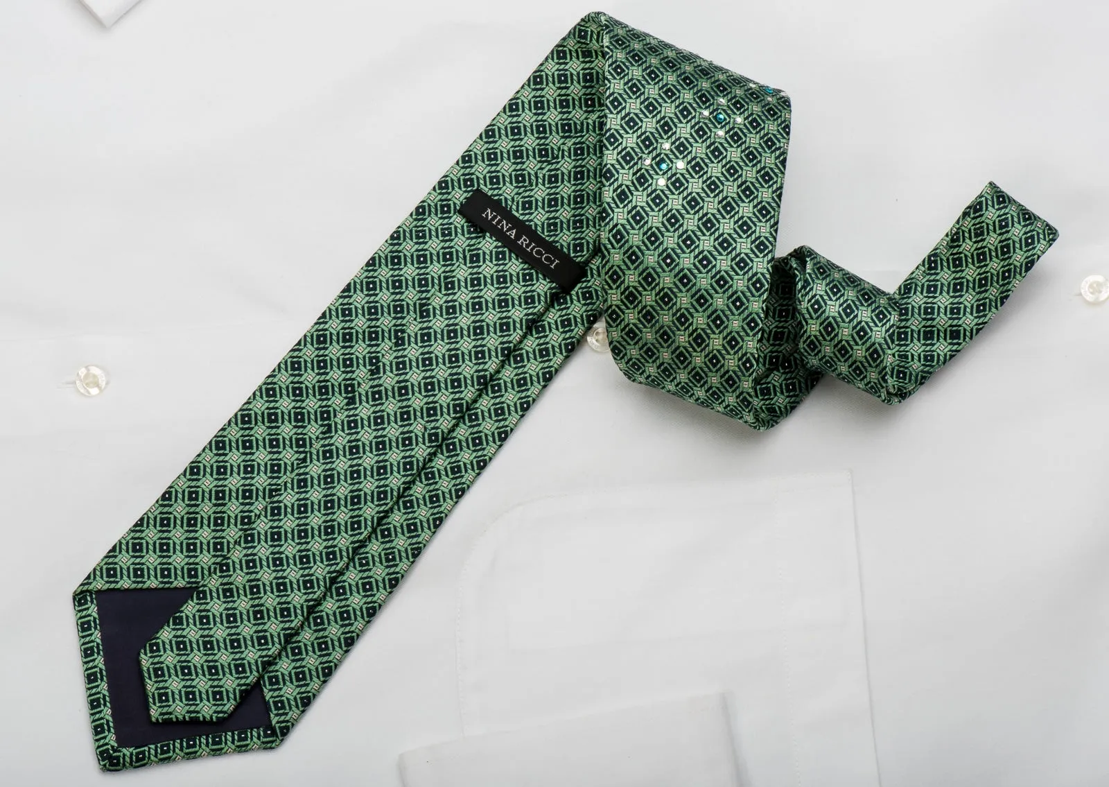 Nina Ricci Rhinestone Silk Necktie Green Trellis On Blue With Silver Sparkles