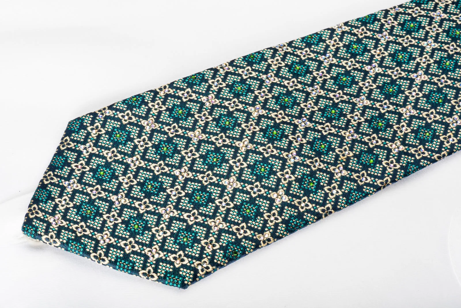 Perry Ellis Rhinestone Silk Necktie Yellow Bird's Eye On Navy With Golden Sparkles