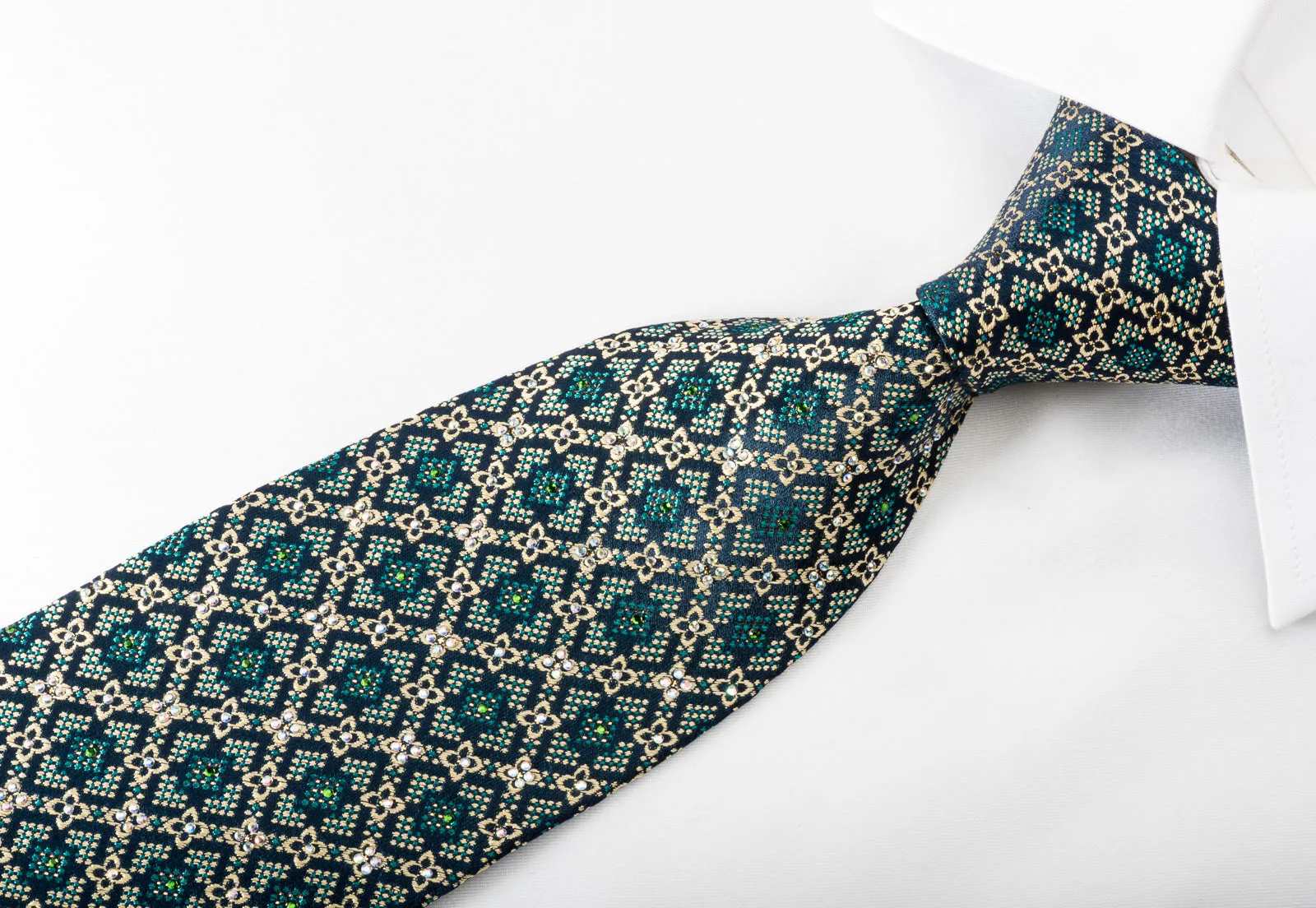 Perry Ellis Rhinestone Silk Necktie Yellow Bird's Eye On Navy With Golden Sparkles