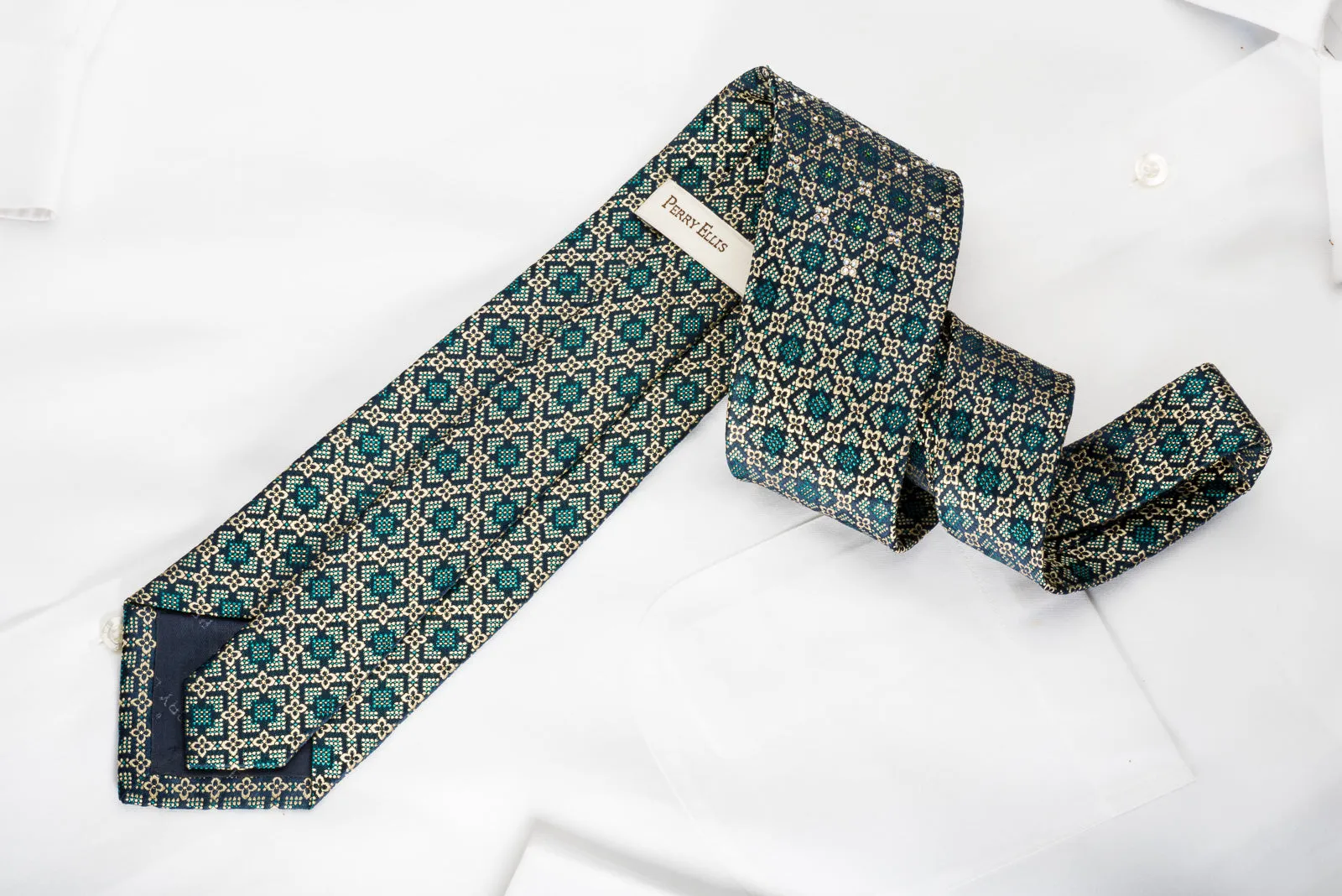 Perry Ellis Rhinestone Silk Necktie Yellow Bird's Eye On Navy With Golden Sparkles