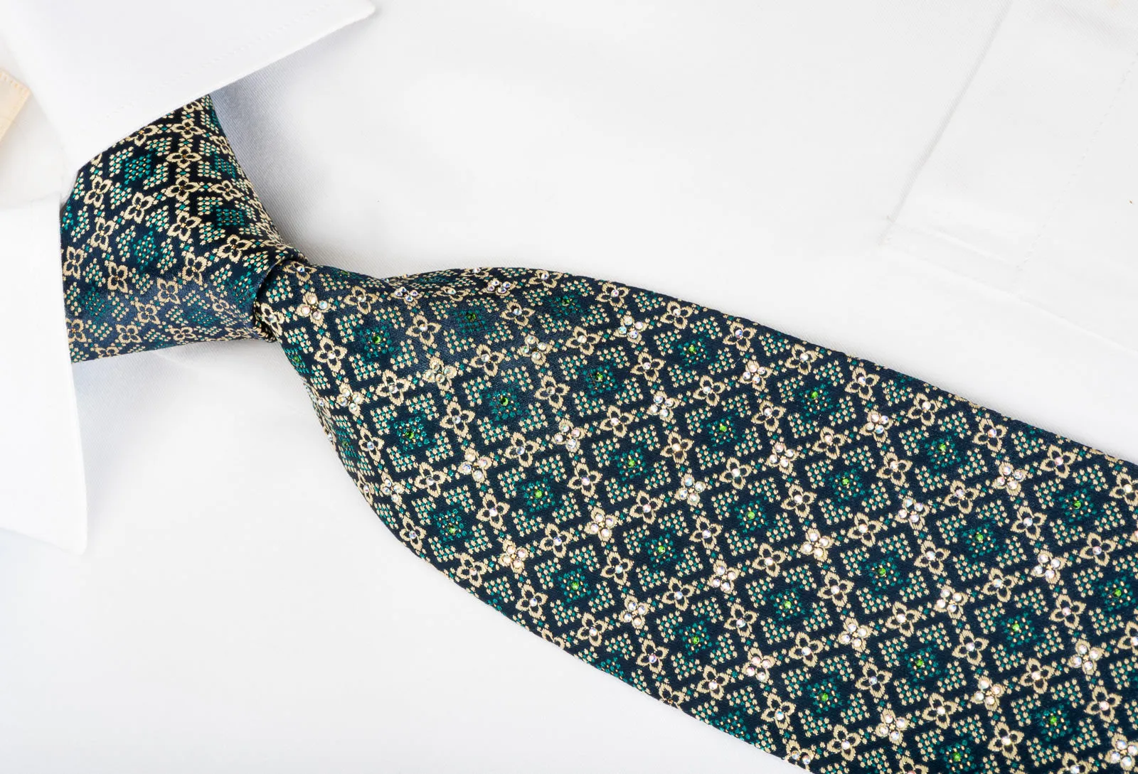 Perry Ellis Rhinestone Silk Necktie Yellow Bird's Eye On Navy With Golden Sparkles