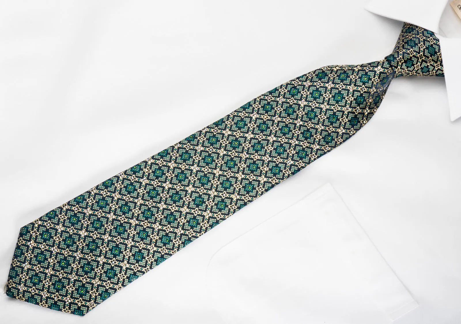 Perry Ellis Rhinestone Silk Necktie Yellow Bird's Eye On Navy With Golden Sparkles