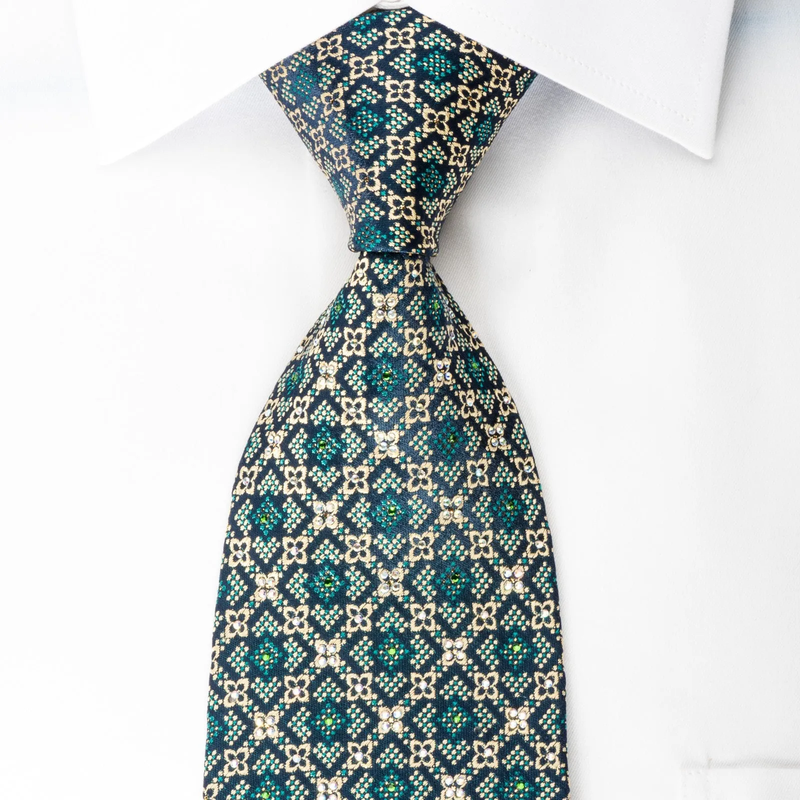 Perry Ellis Rhinestone Silk Necktie Yellow Bird's Eye On Navy With Golden Sparkles