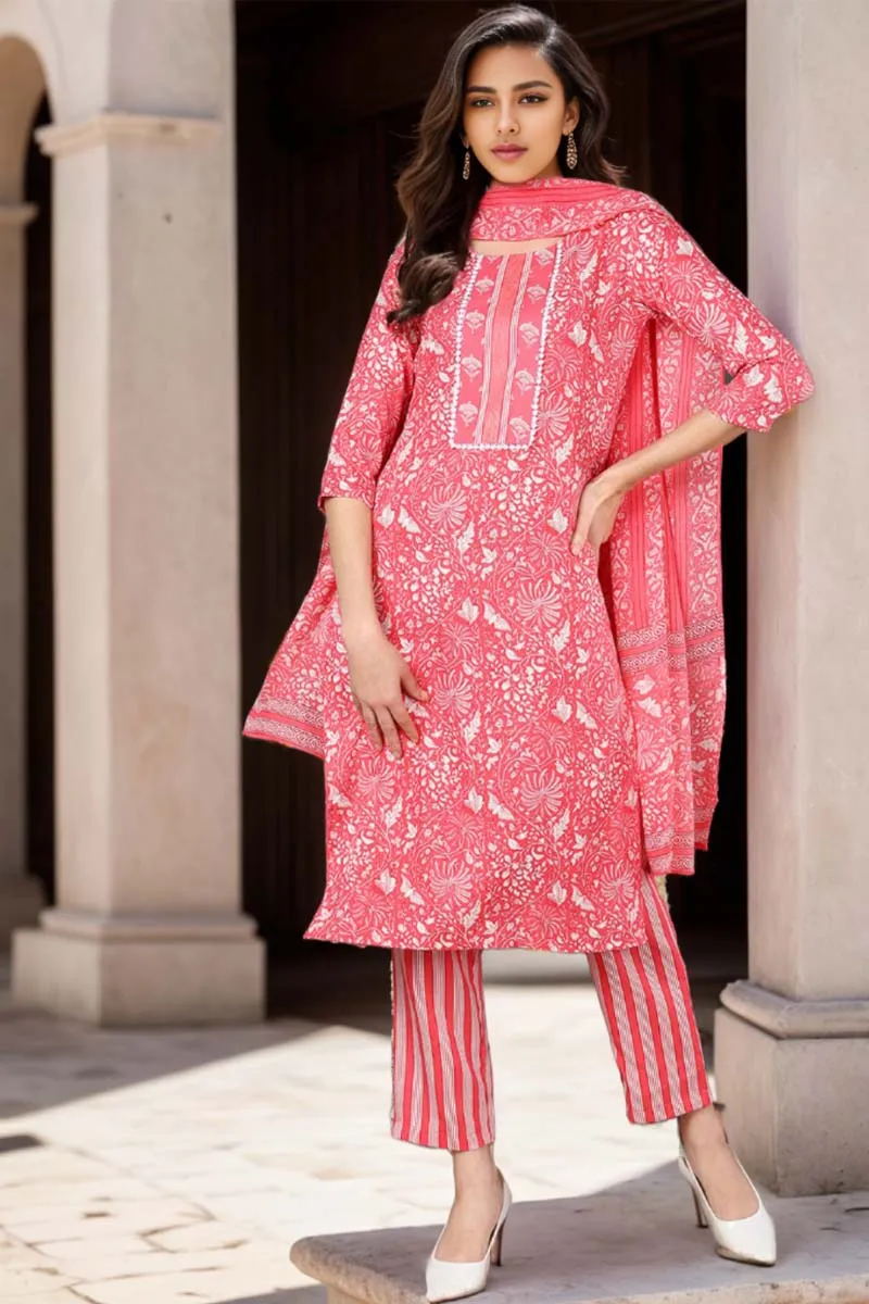 Pink Rayon Blend Floral Printed Straight Suit Set