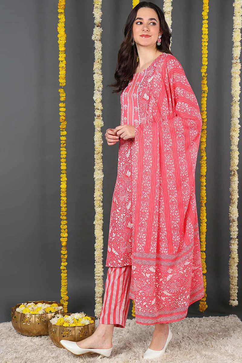 Pink Rayon Blend Floral Printed Straight Suit Set