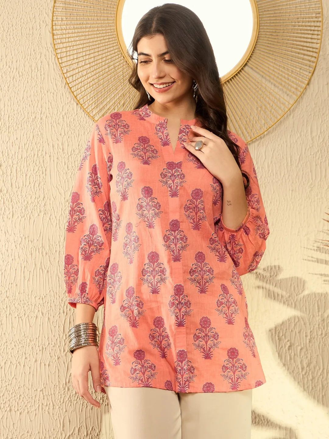 Women Orange Cotton Blend Floral Printed Regular Tunic