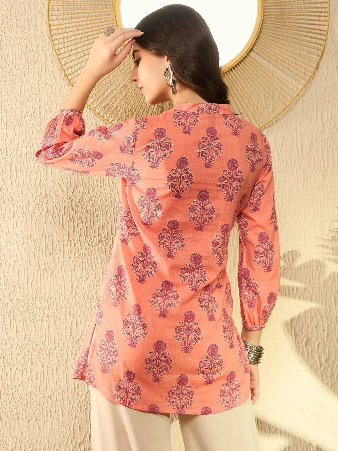 Women Orange Cotton Blend Floral Printed Regular Tunic