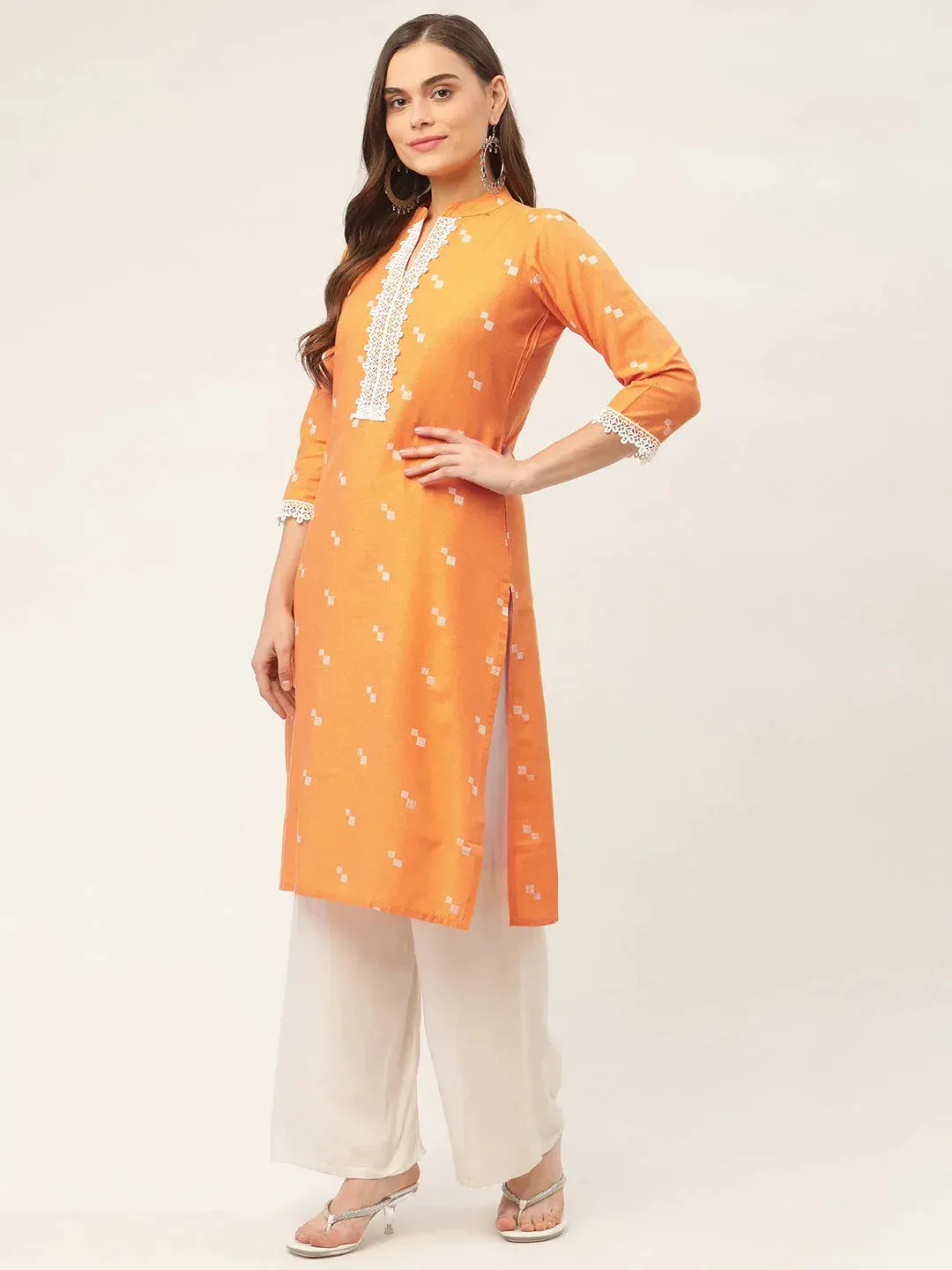 Women Orange Cotton Jacquard Geometric Printed Kurta