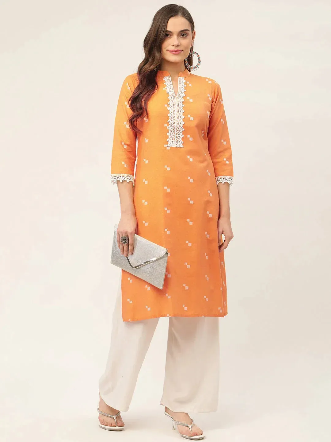 Women Orange Cotton Jacquard Geometric Printed Kurta