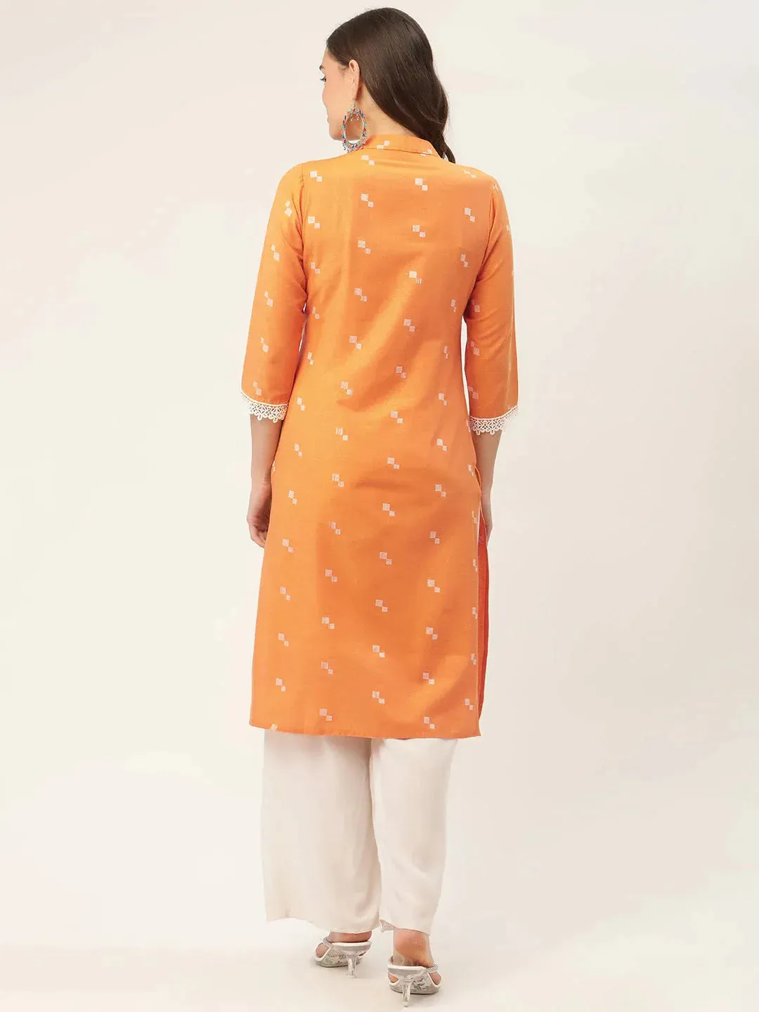 Women Orange Cotton Jacquard Geometric Printed Kurta