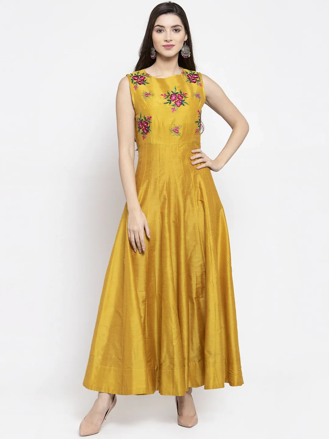 Women'S Yellow Floral Printed Maxi Dress